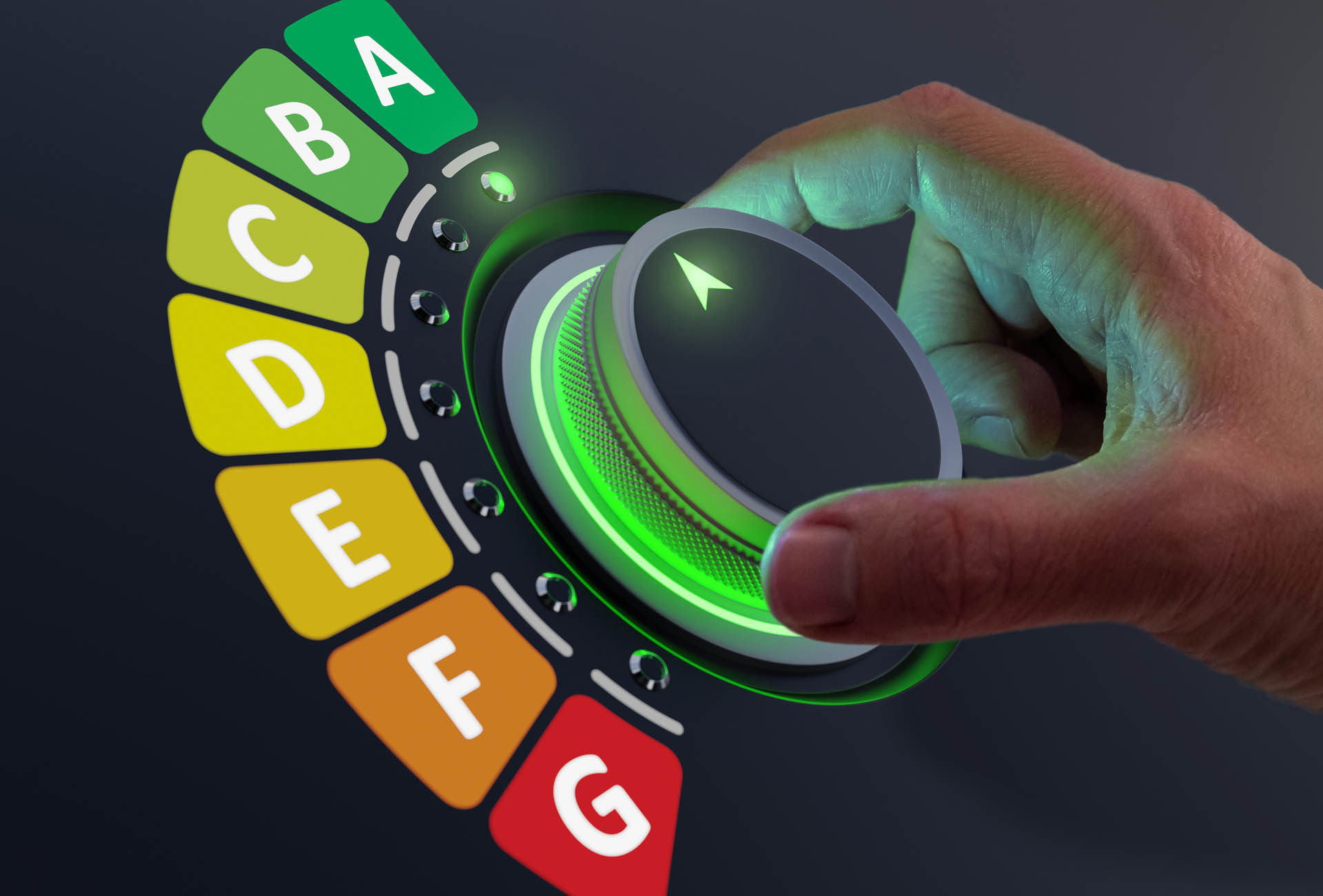 Energy efficiency rating labels promoting low consumption and efficient products to reduce carbon footprint. Lower CO2 emissions with efficient home and appliances. Green eco-friendly business.